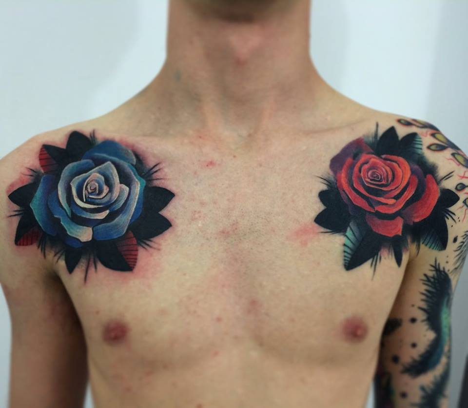 Cool Two Rose Tattoo On Man Front Shoulder By Giena Todryk