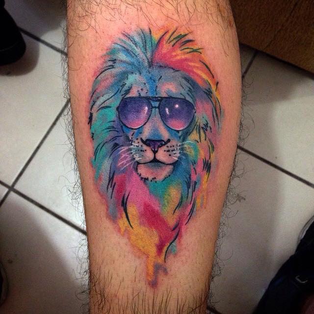 Cool Watercolor Lion Head Tattoo On Sleeve