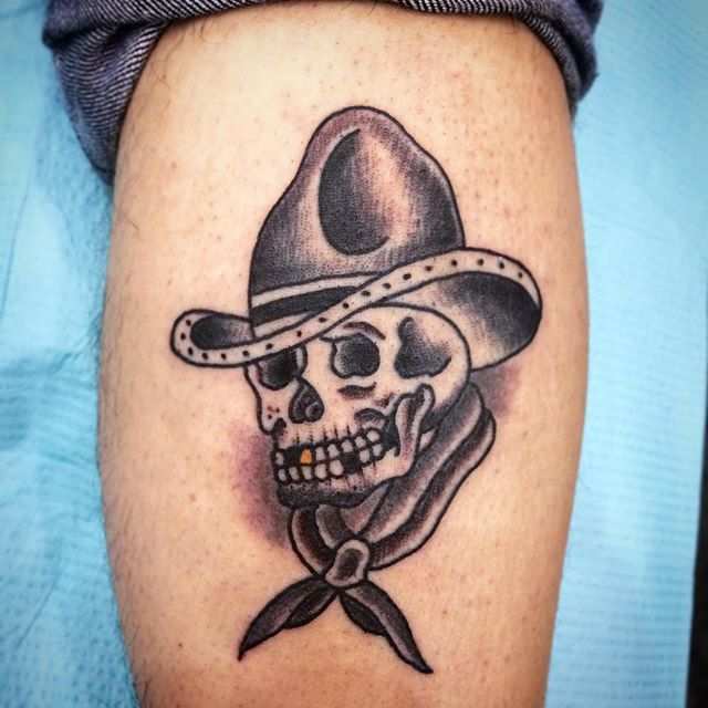 Cowboy Skull With Hat Tattoo On Leg