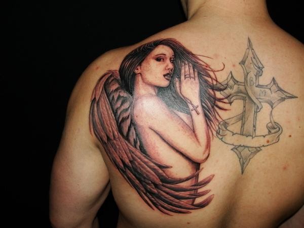 Cross And Angel Tattoo On Right Back Shoulder