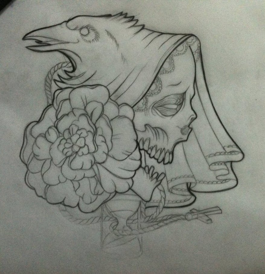 Crow With Skull And Flower Tattoo Design By Piglegion