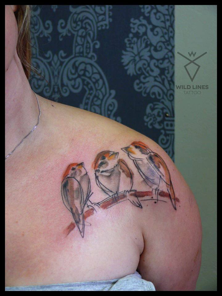 Cute Abstract Three Birds On Branch Tattoo On Women Left Front Shoulder