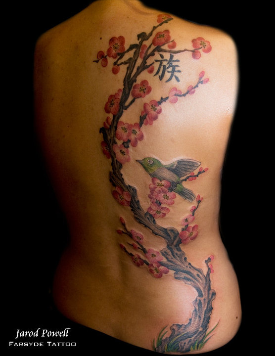 Cute Bird On Cherry Blossom Tree Tattoo On Man Upper Back