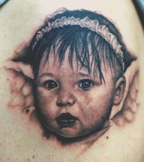 Cute Black Ink Baby Girl Tattoo Design By Tom Renshaw