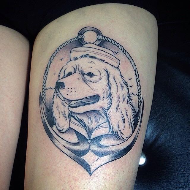 Cute Dog Head In Rope Frame Tattoo On Left Thigh By Pig Legion
