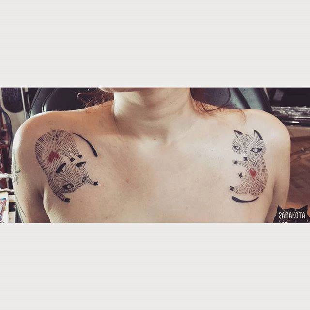 Cute Dotwork Two Cats Tattoo On Women Both Front Shoulder