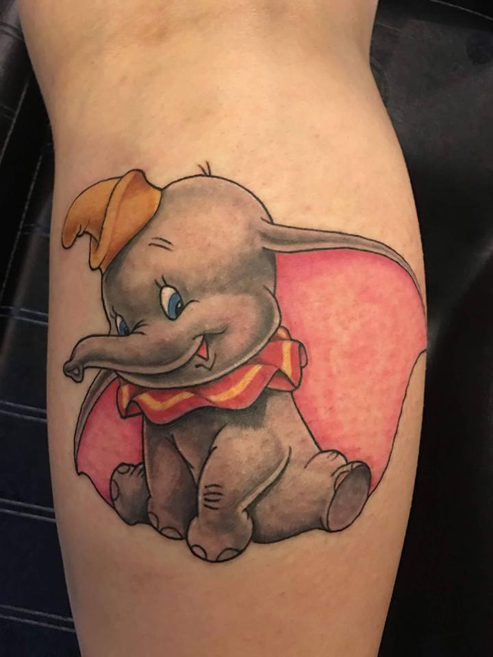 Cute Dumbo Tattoo On Leg Calf.