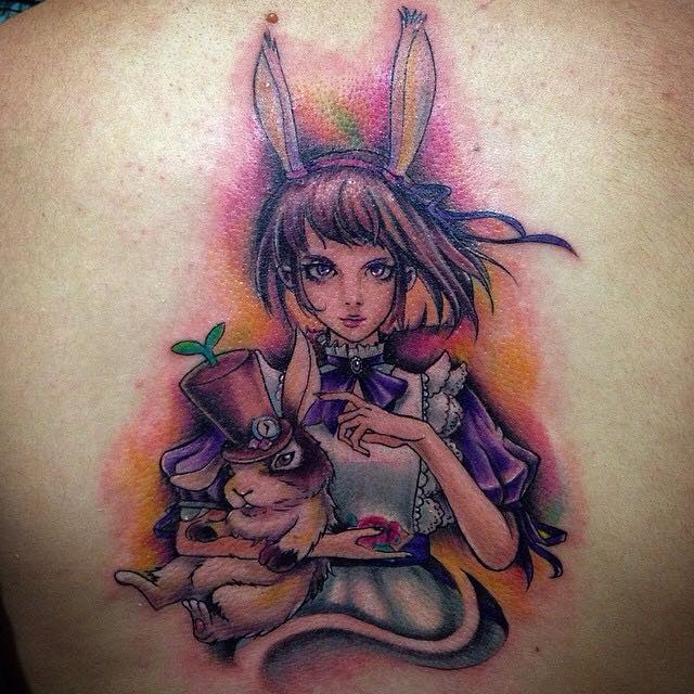 Cute Girl With Rabbit Tattoo Design For Upper Back By Pig Legion