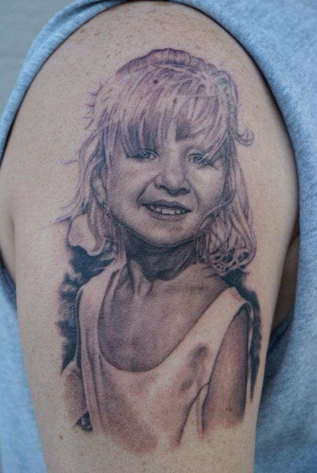 Cute Grey Ink Girl Portrait Tattoo On Right Half Sleeve By Tom Renshaw