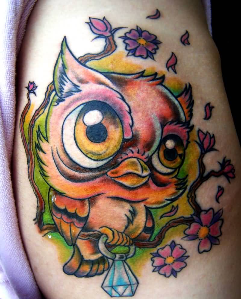 Cute Owl With Diamond Ring Tattoo On Half Sleeve