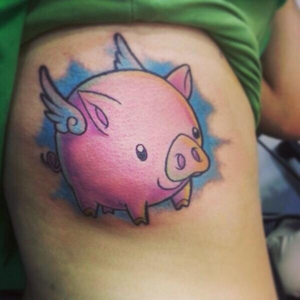 Cute Pig With Wings Tattoo On Right Side Rib