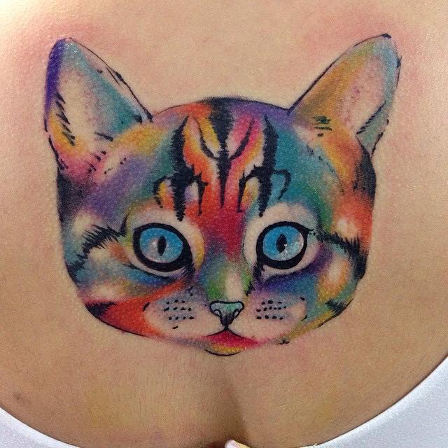 Cute Watercolor Cat Head Tattoo Design For Women By Pig Legion