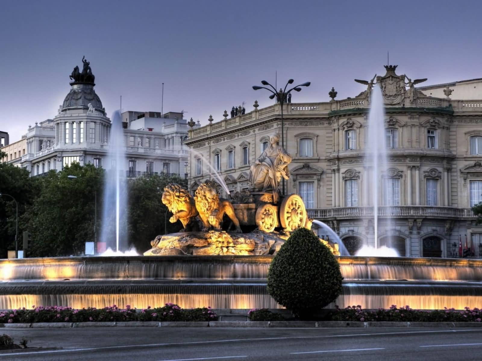 Cybele Palace And Cibeles Fountain Twilight View