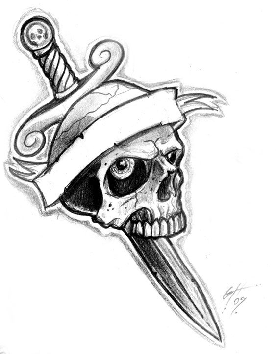 Dagger And Skull With Banner Tattoo Design
