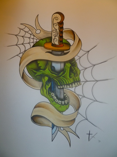 Dagger In Green Skull With Ribbon Tattoo Design