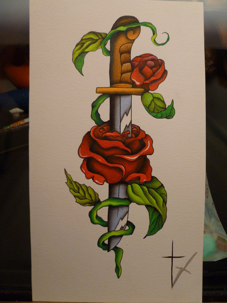 Dagger In Red Rose Tattoo Design