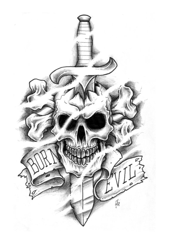Dagger In Skull With Born Evil Banner Tattoo Design