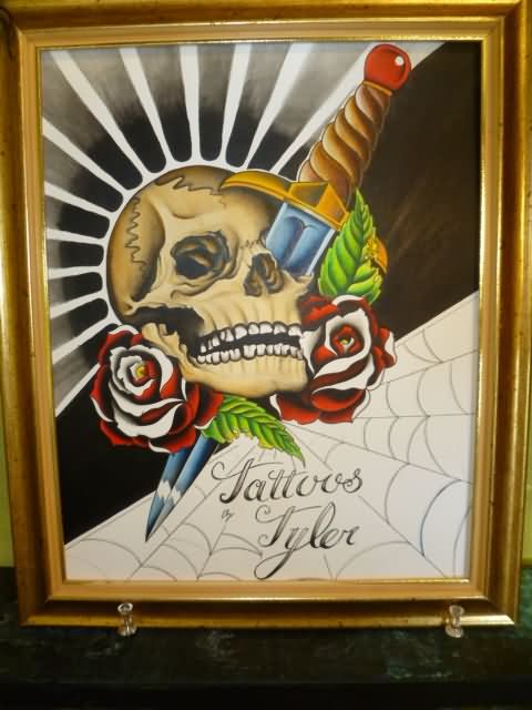 Dagger In Skull With Roses Tattoo Design