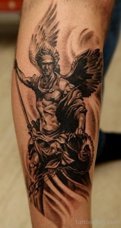 Dark Ink Angel Tattoo On Leg For Men