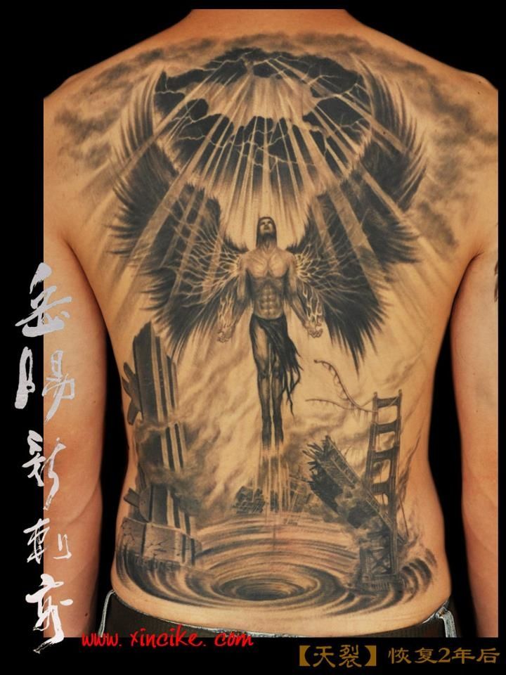 Dark Ink Angel Tattoo On Man Full Back