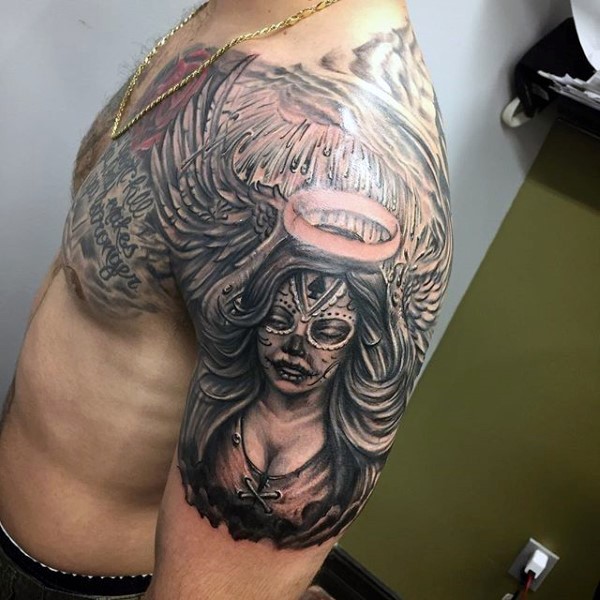 Dia De Los Muerton Angel Tattoo On Left Shoulder