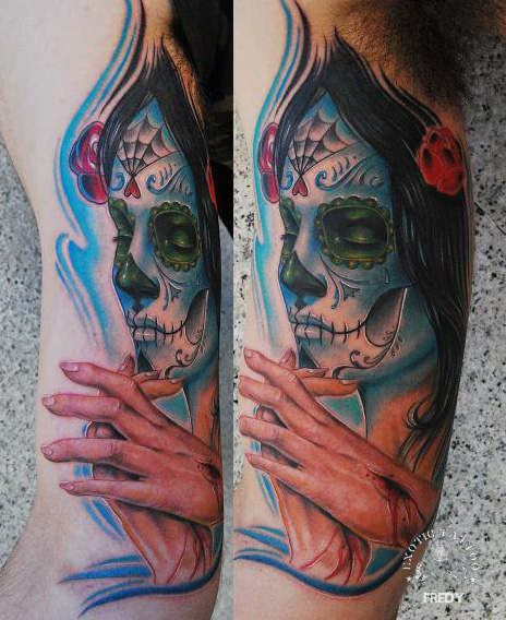 Dia De Los Muertos Girl Face Tattoo Design For Sleeve By Fredy