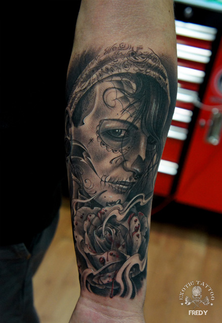 Dia De Los Muertos Girl Face Tattoo On Forearm By Fredy