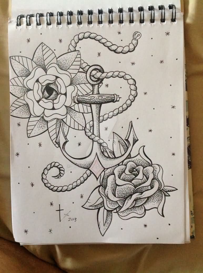 Dotwork Anchor With Flowers Tattoo Design By Tyler Bishop