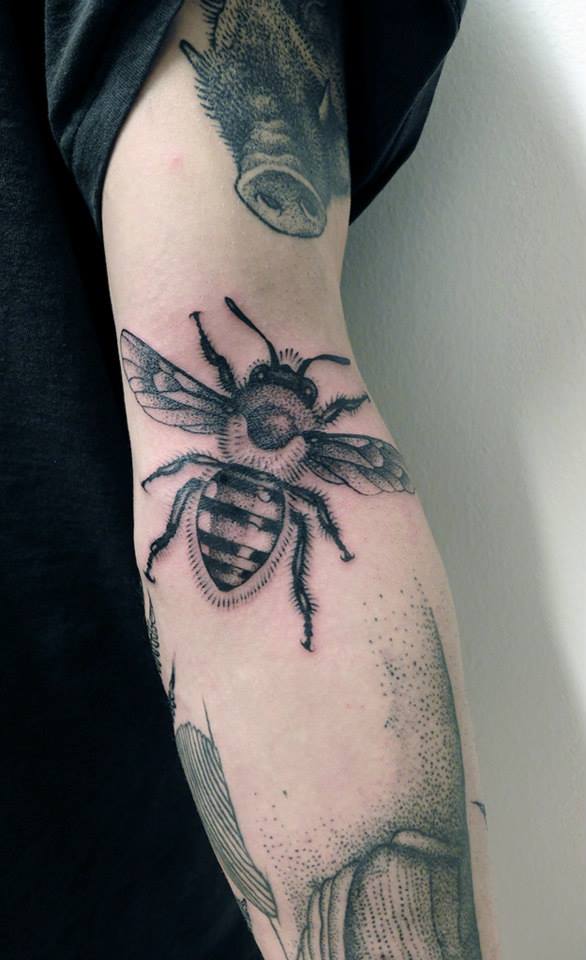 Dotwork Bee Tattoo On Left Forearm