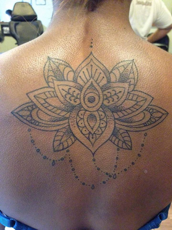 Dotwork Lotus Flower Tattoo On Women Upper Back By Zak Schulte