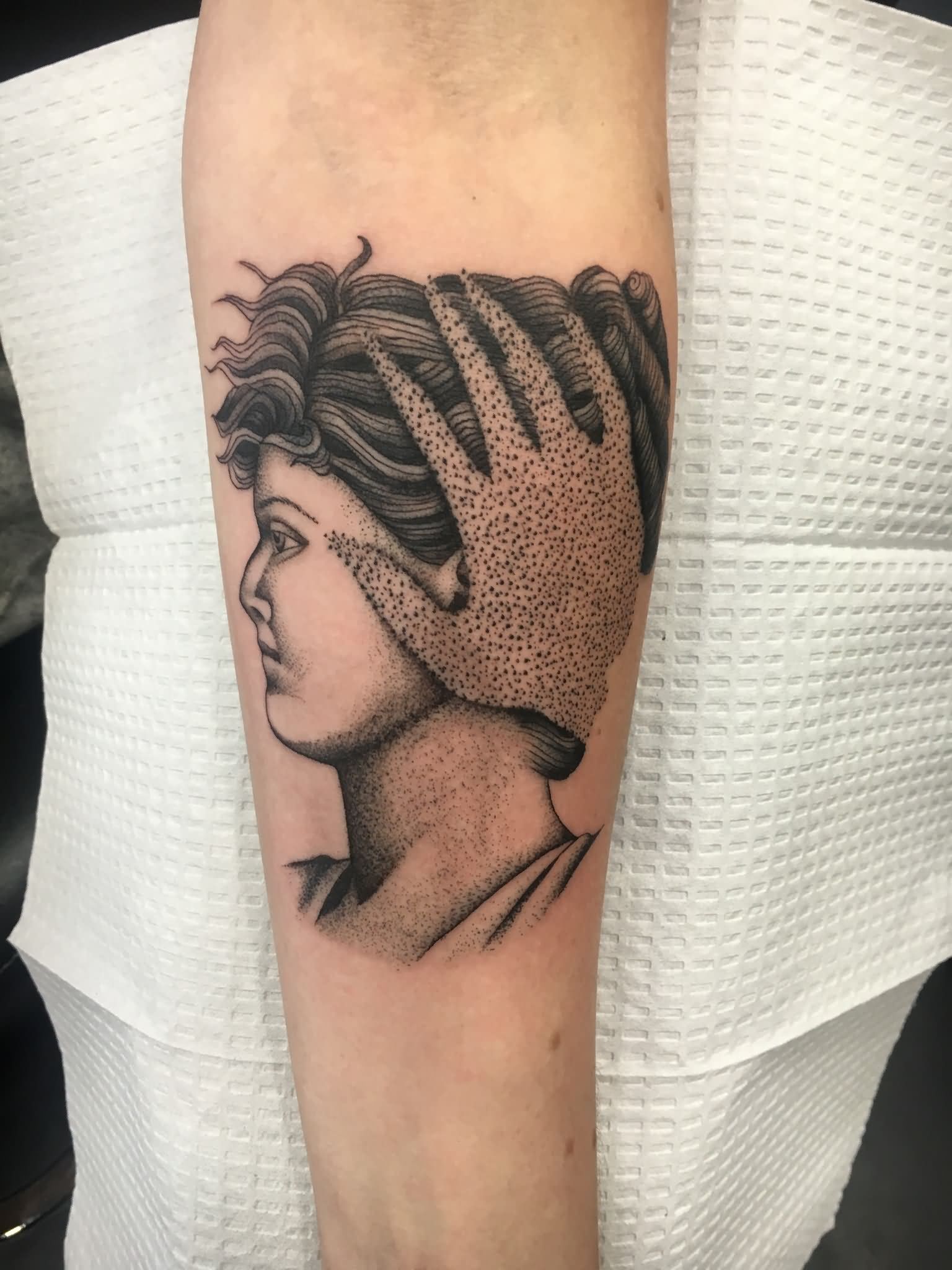Dotwork Man Face Tattoo On Forearm By Kohen Meyers