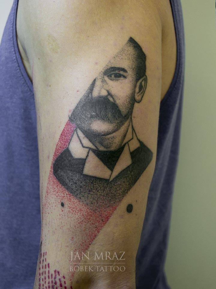 Dotwork Man Face Tattoo On Left Half Sleeve By Jan Mraz