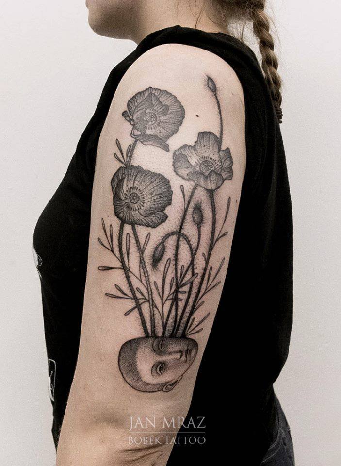 Dotwork Man Face With Flowers Tattoo On Women Left Half Sleeve