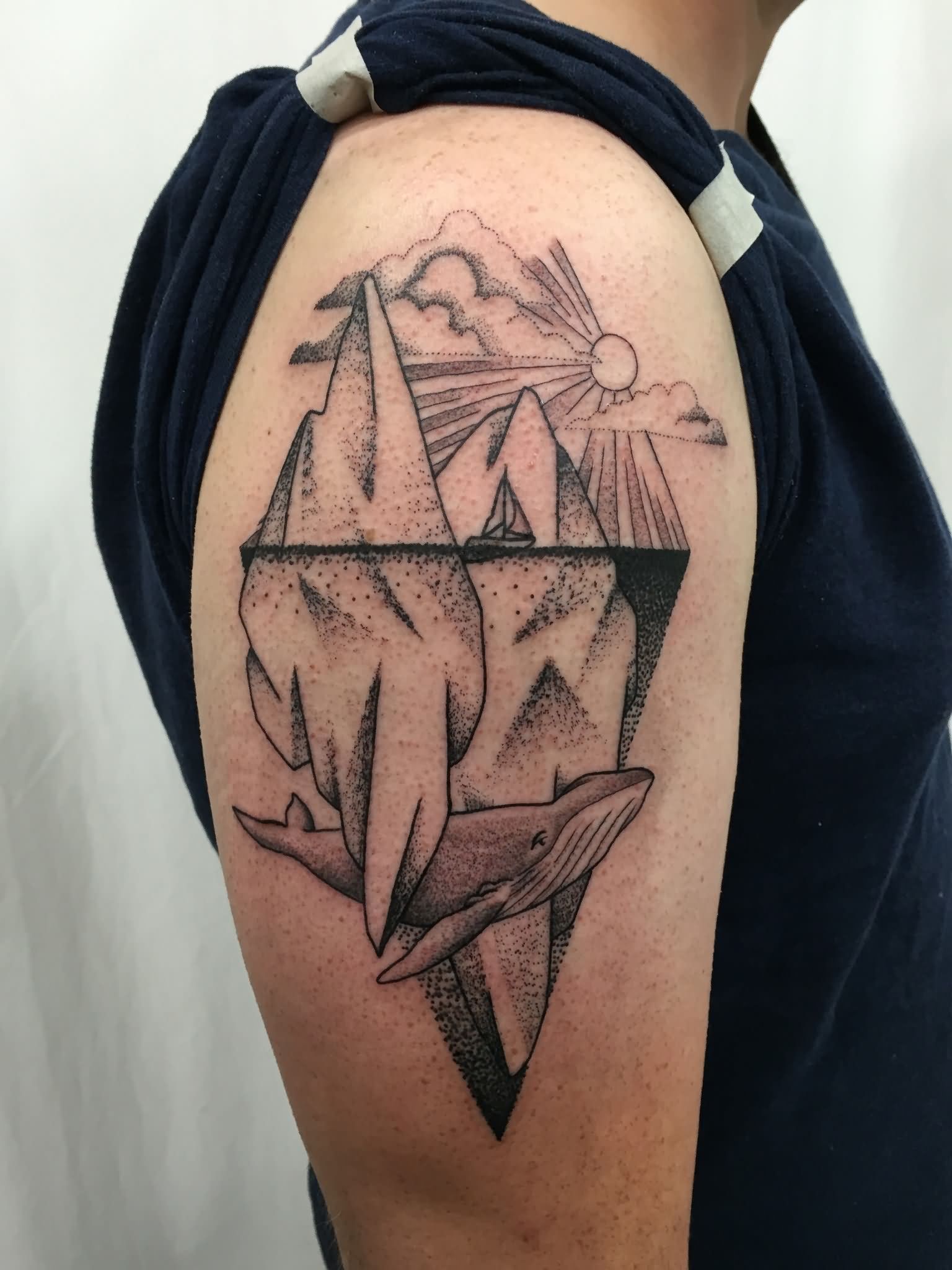 Dotwork Mountains With Whale Tattoo On Man Right Half Sleeve