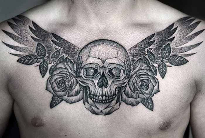 Dotwork Roses And Skull Tattoo On Chest