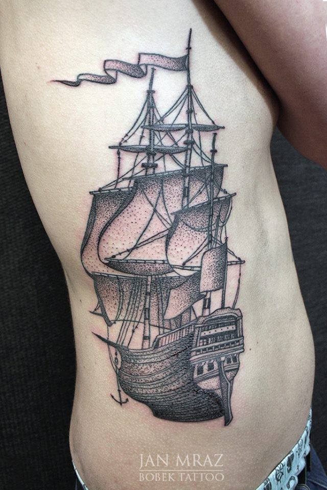 Dotwork Ship Tattoo On Man Right Side Rib