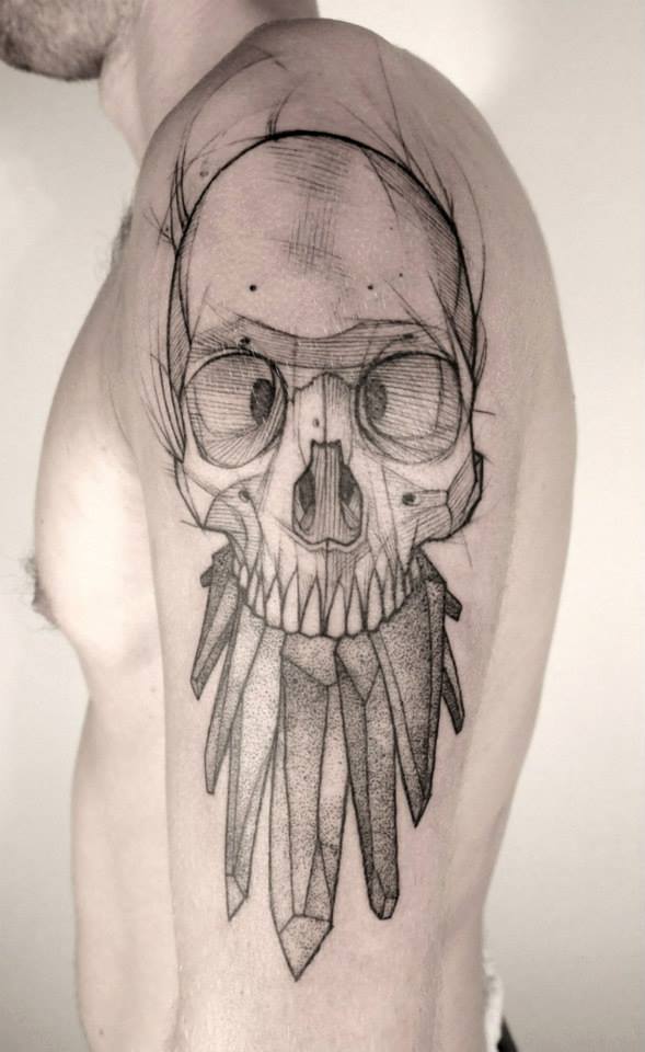 Dotwork Skull Tattoo On Man Left Half Sleeve By Jan Mraz