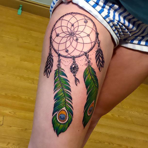 Dreamcatcher Peacock Feather Tattoo On Right Thigh