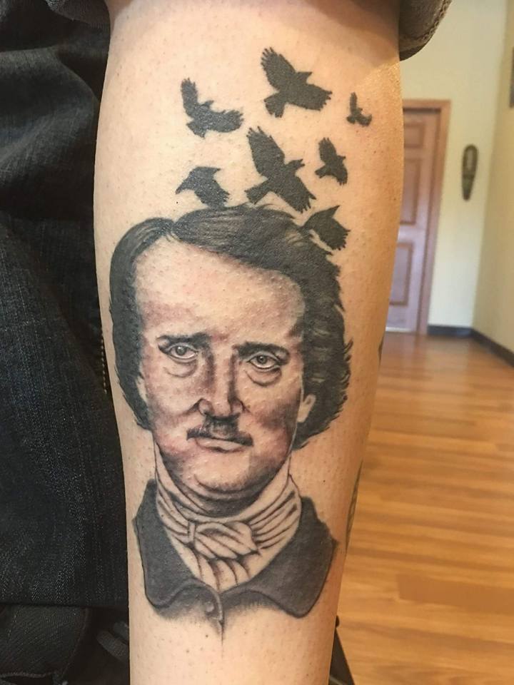Edgar Portrait With Flying Birds Tattoo On Forearm By Zak Schulte