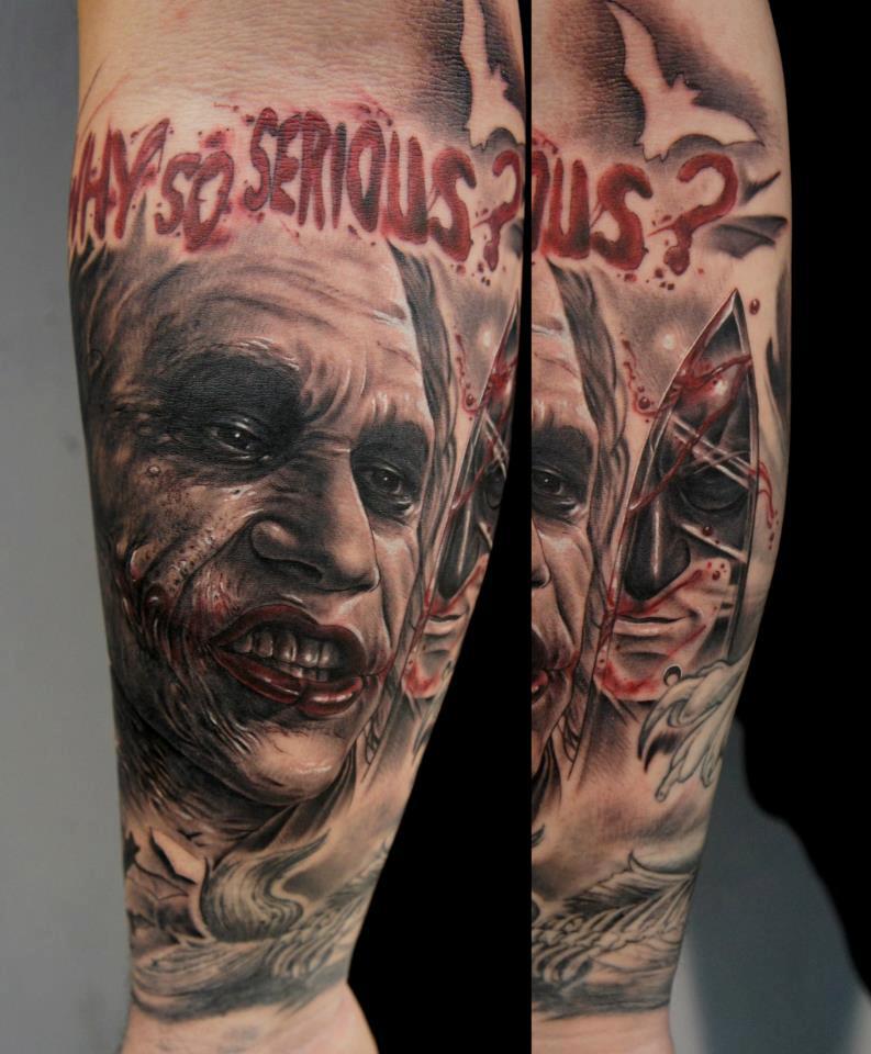 Evil Joker Face Portrait Tattoo On Forearm