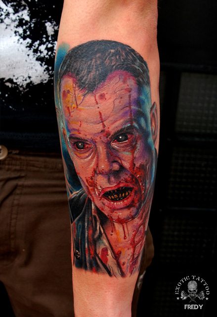 Evil Man Face Portrait Tattoo On Left Sleeve