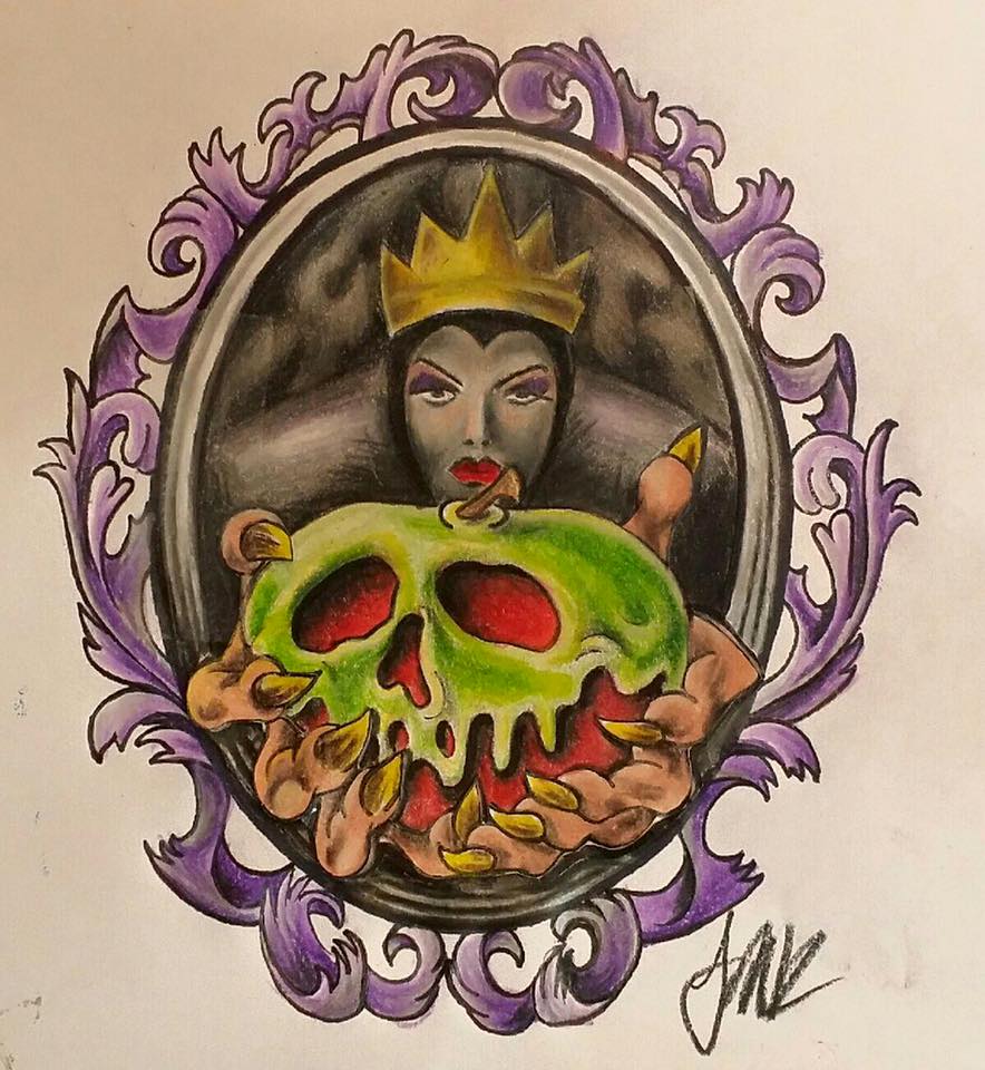 Evil Queen With Poison Apple In Frame Tattoo Design