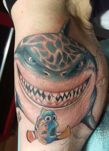 Evil Shark With Fish Tattoo On Leg Calf