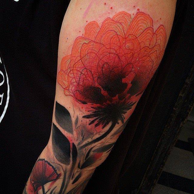 Fantastic Flower Tattoo On Left Half Sleeve By Giena Todryk