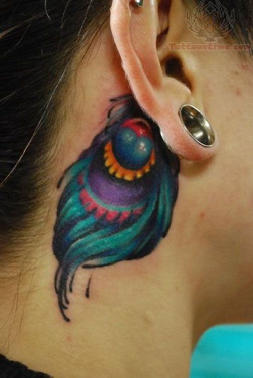 Feminine Color Peacock Feather Tattoo Behind The Ear