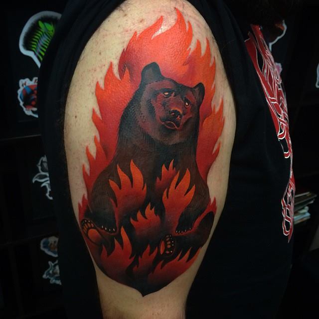 Flaming Bear Tattoo On Right Half Sleeve By Giena Todryk