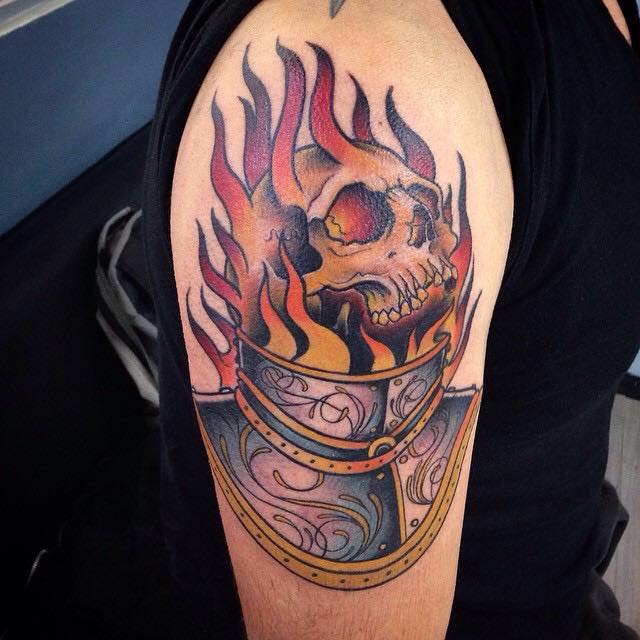 Flaming Skull Tattoo on Right Half Sleeve By Pig Legion