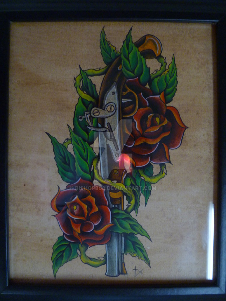Flintlock With Roses Tattoo Design