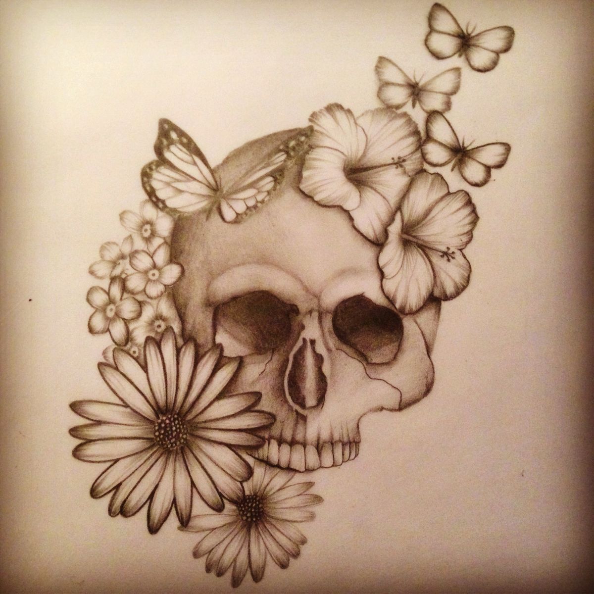 Flowers And Butterflies With Skull Tattoo Design