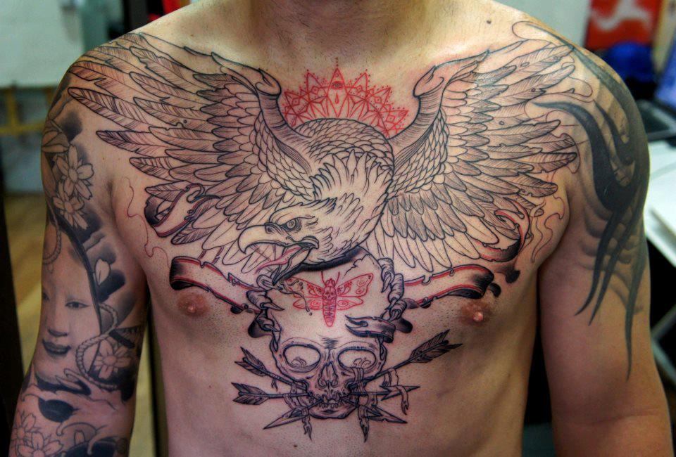 Flying Eagle With Skull Tattoo On Man Chest
